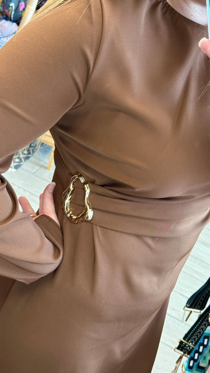 Robe longue chocolat femme grande taille, coupe flatteuse à manches longues, style chic et confortable - Abana 64200