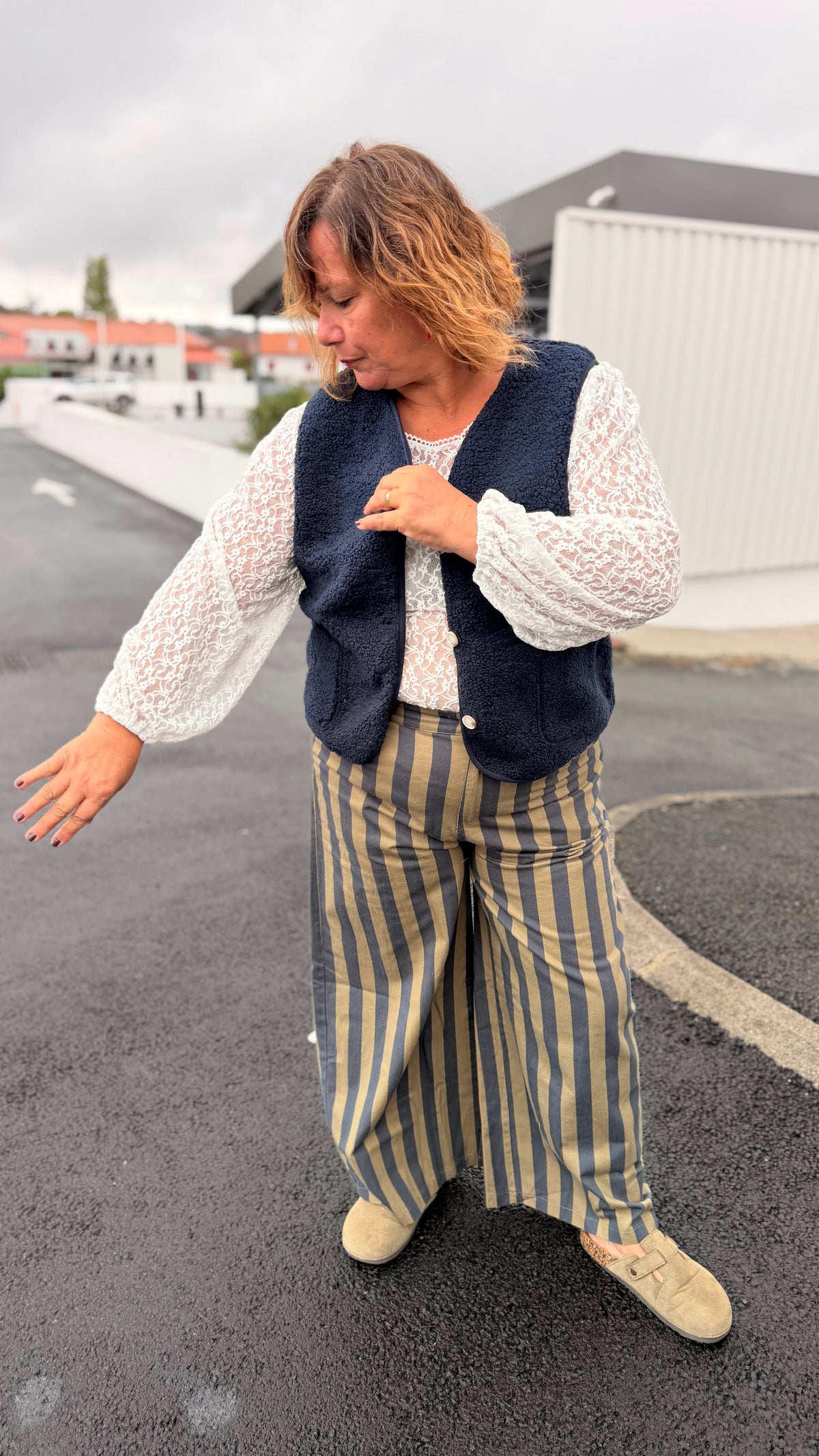 💚Pantalon Paloma – Rayé kaki en coton