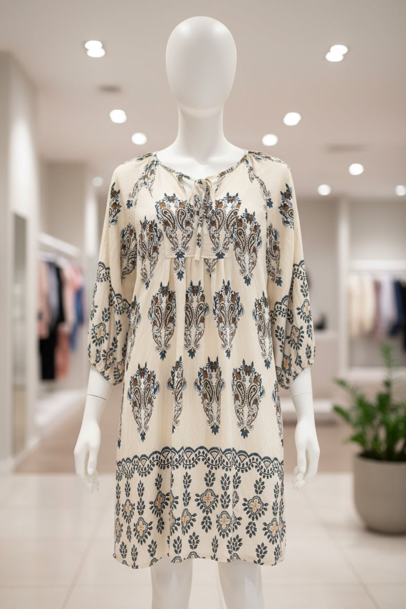 ✨ Robe courte écrue imprimée Chocolat & Bleu canard