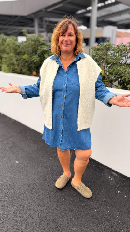 🩵Robe denim Gabrielle – Midi bleu foncé à col chemise