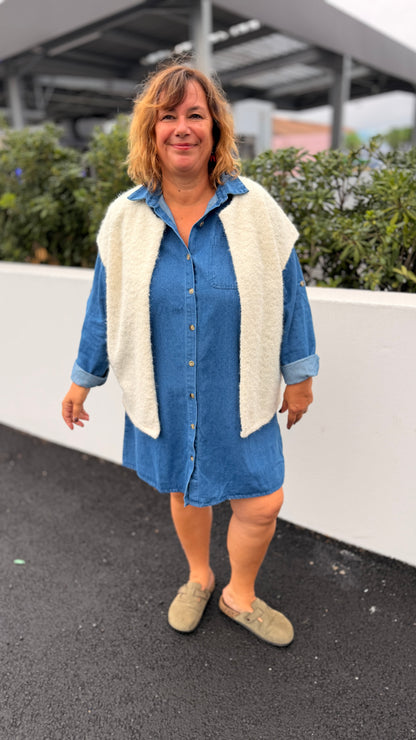🩵Robe denim Gabrielle – Midi bleu foncé à col chemise