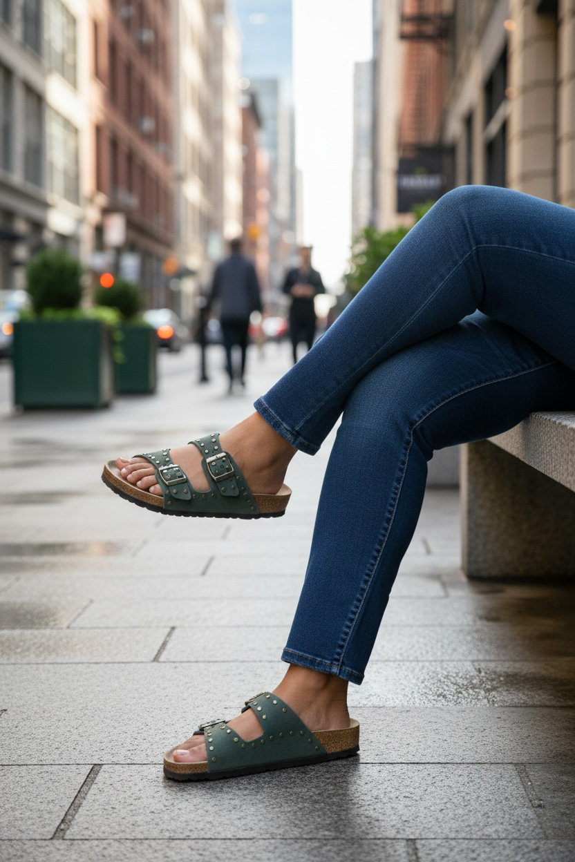 ✨ Sandales Léonie style birk cloutées kaki – Esprit bohème chic