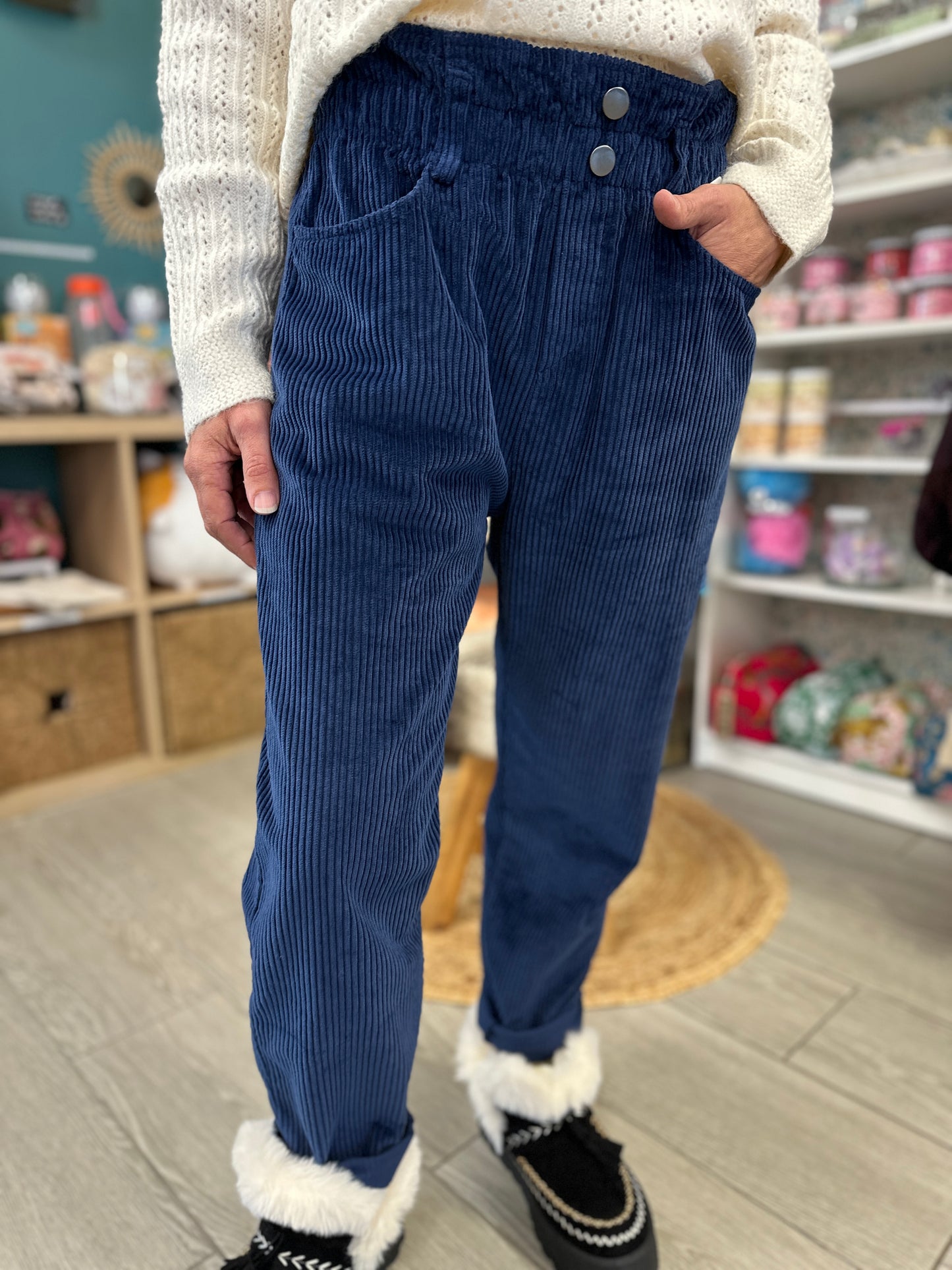 🍂Pantalon Lison – Velours côtelé Mom Marine & Mauve