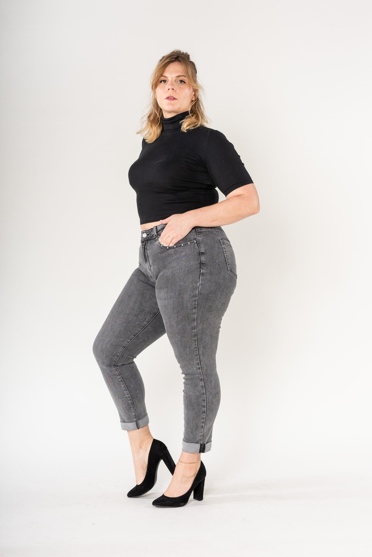 ⚡ Jean Gris Grande Taille Livia  – Détails Clous Argentés
