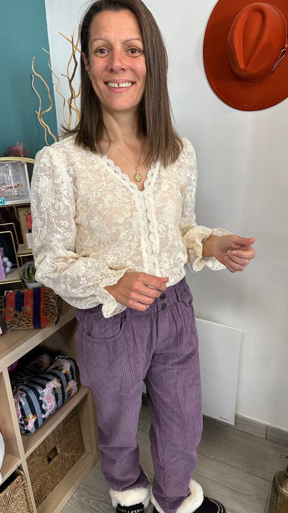 🍂Pantalon Lison – Velours côtelé Mom Marine & Mauve