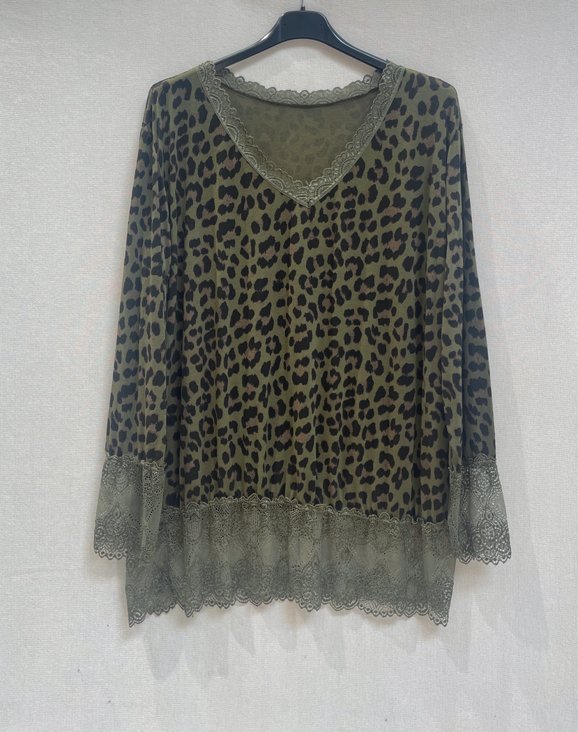🐆Top Léopard avec dentelle kaki – grande taille