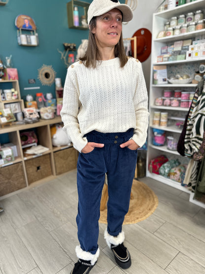 🍂Pantalon Lison – Velours côtelé Mom Marine & Mauve