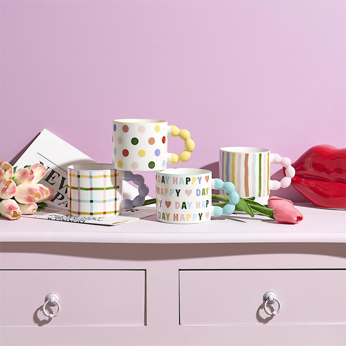 🌈Mugs Happy Mood – Colorés et à anses bulles pastel -4 modèles