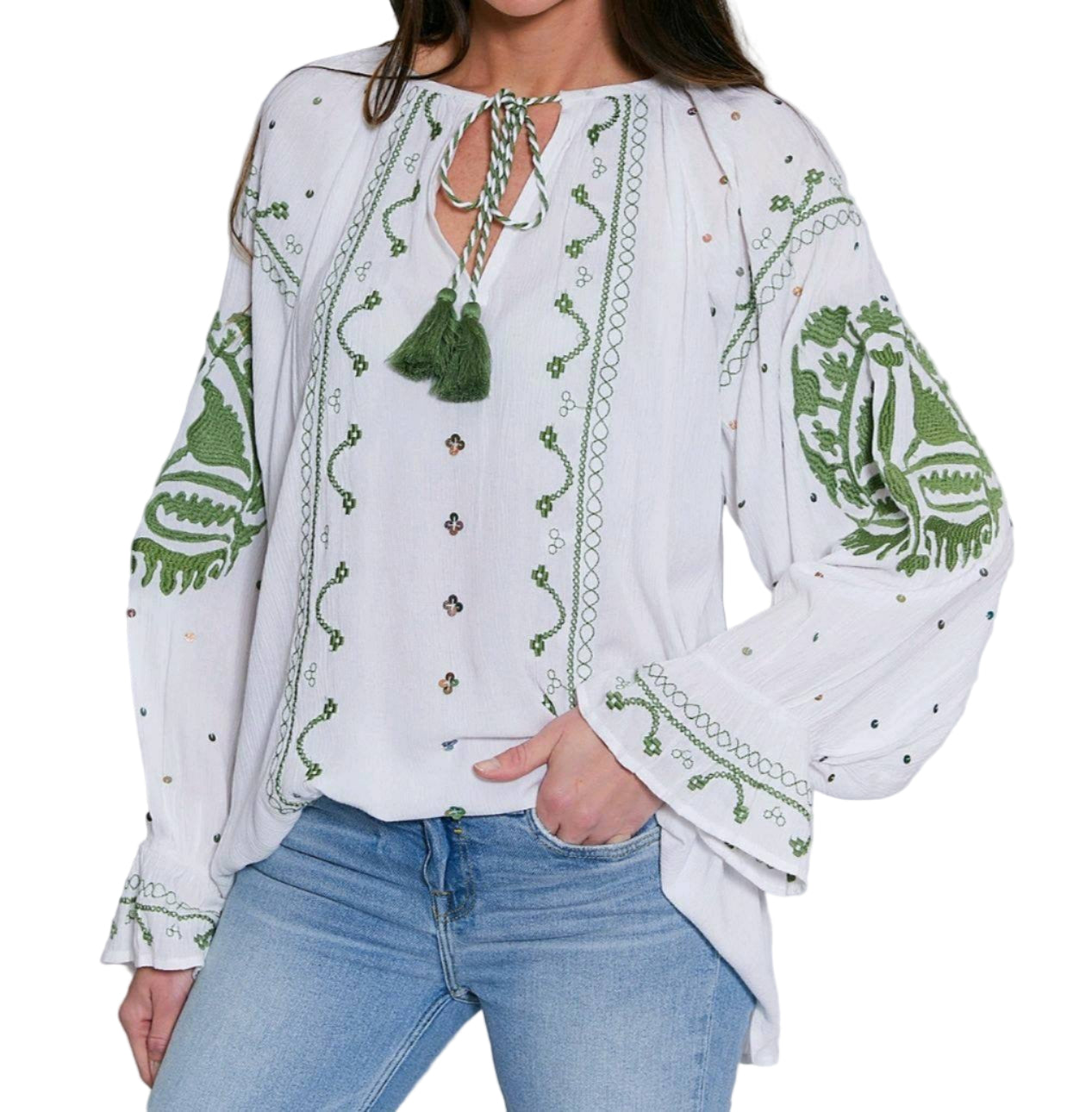 🌿 Blouse Ysée – Broderies vertes esprit bohème