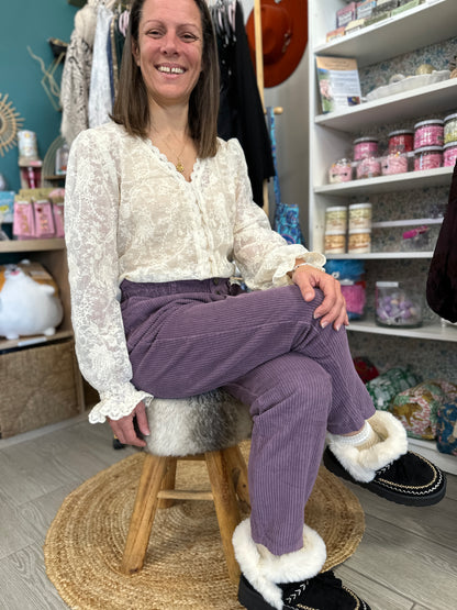 🍂Pantalon Lison – Velours côtelé Mom Marine & Mauve