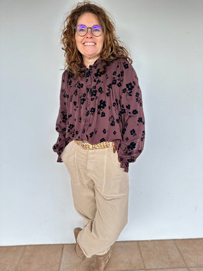 Blouse fluide marron à imprimé noir style oversize pour femme - Abana 64310