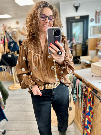 Blouse ample couleur chocolat avec manches bouffantes et imprimés - Abana 64310