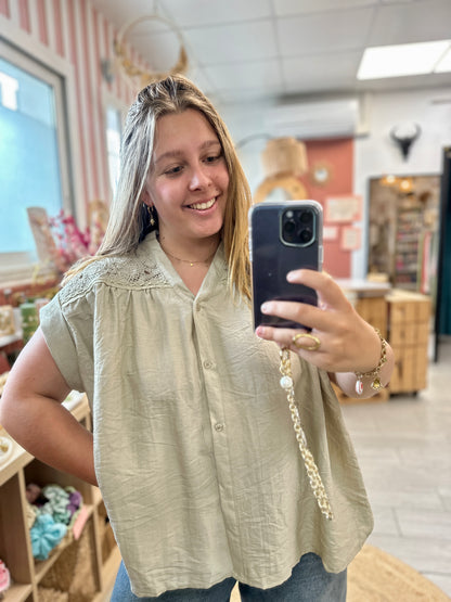 blouse kaki avec brodrie en crochet sur le haut col ample legere fluide du s au xl  dodo isla bonita rouen grand couronneval de reuil