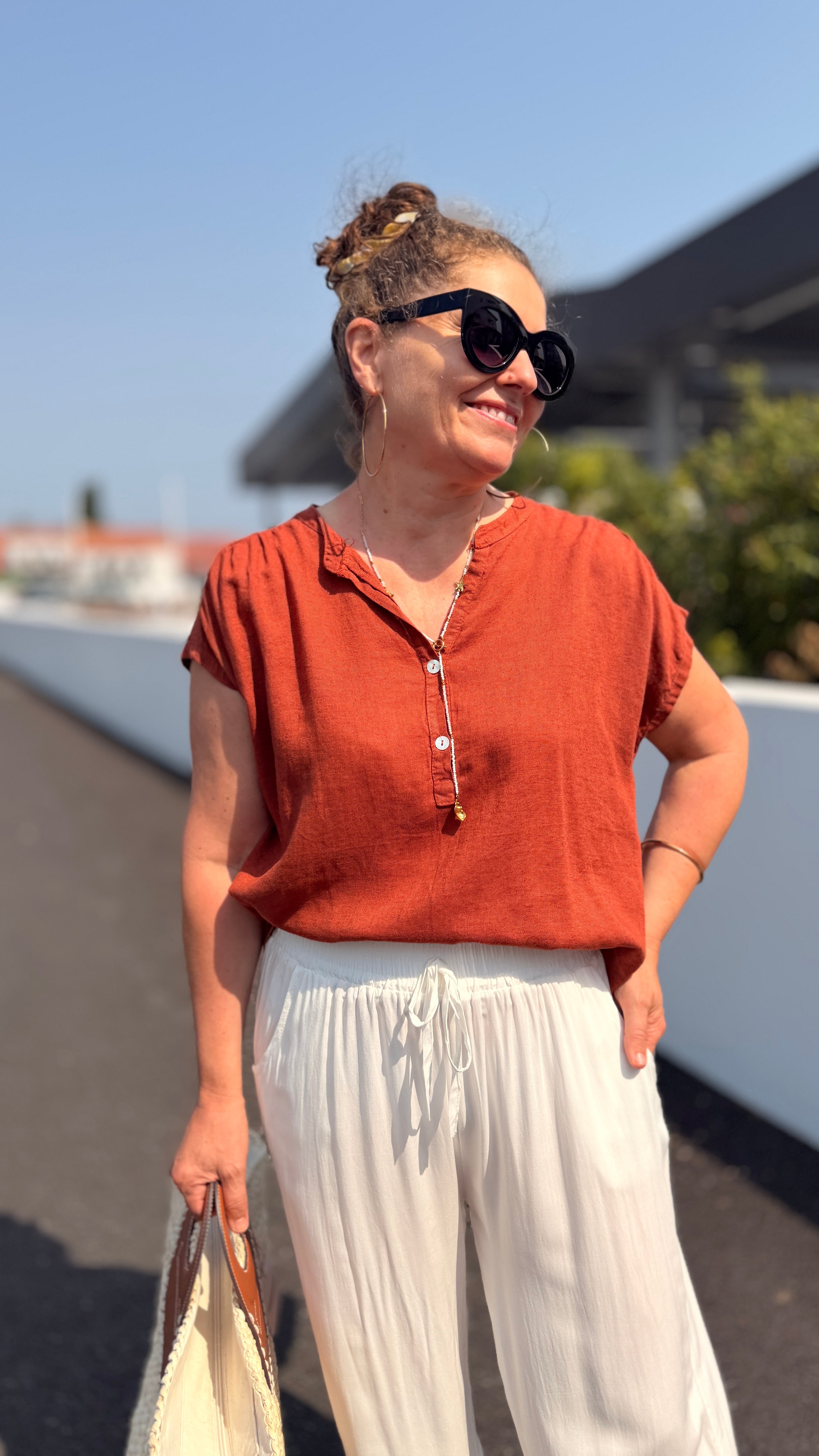 blouse couleur rouille en lin viscose fluide legere col mao mode femme tendance lyon saint etienne clermont ferrand