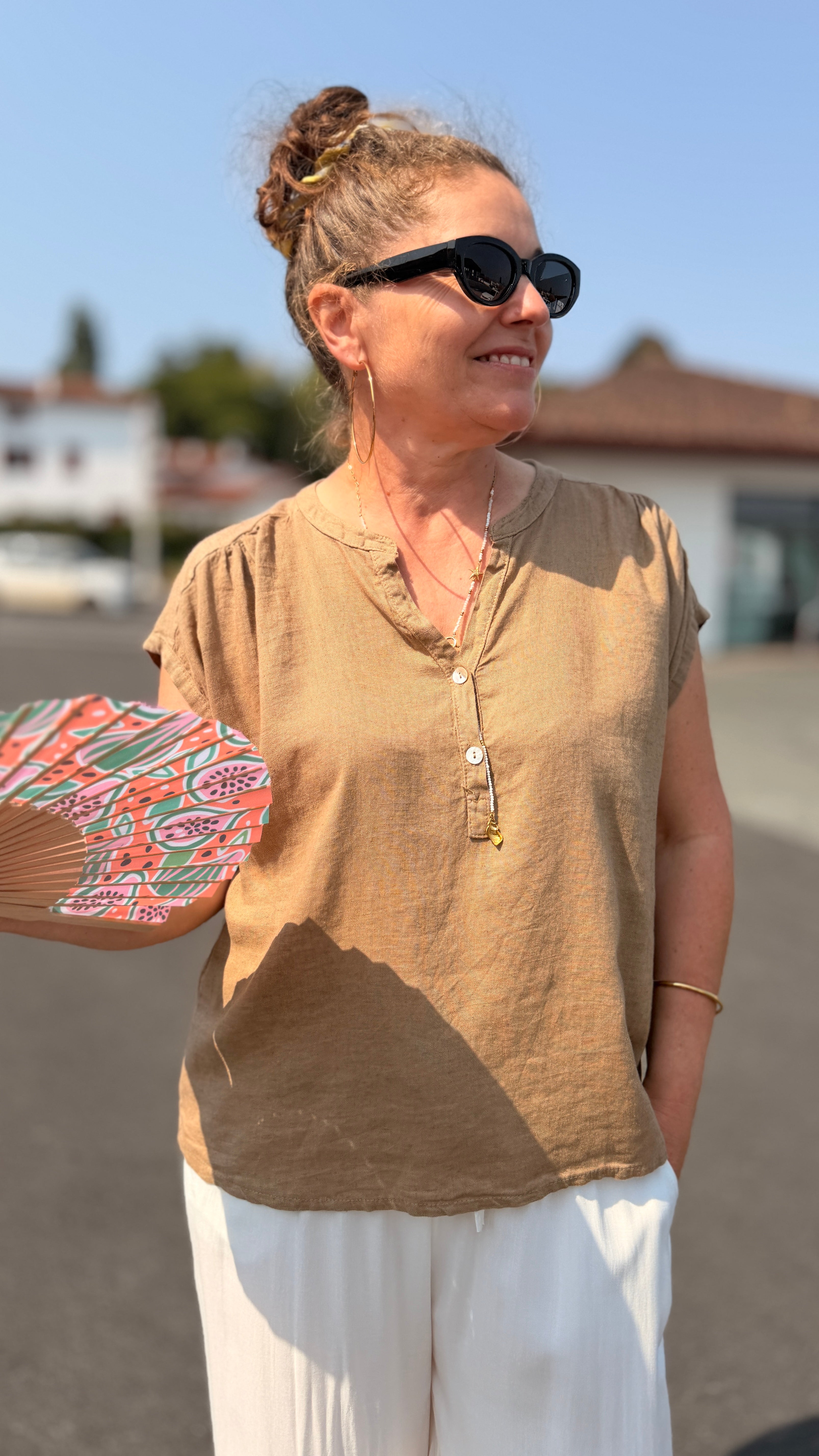 blouse latté en lin viscose fluide manches courte col mao mode femme johanna paris isla bonita montpellier nimes avignon orange
