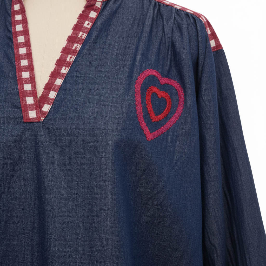 💙Blouse Louise en Denim et Vichy – Grande taille