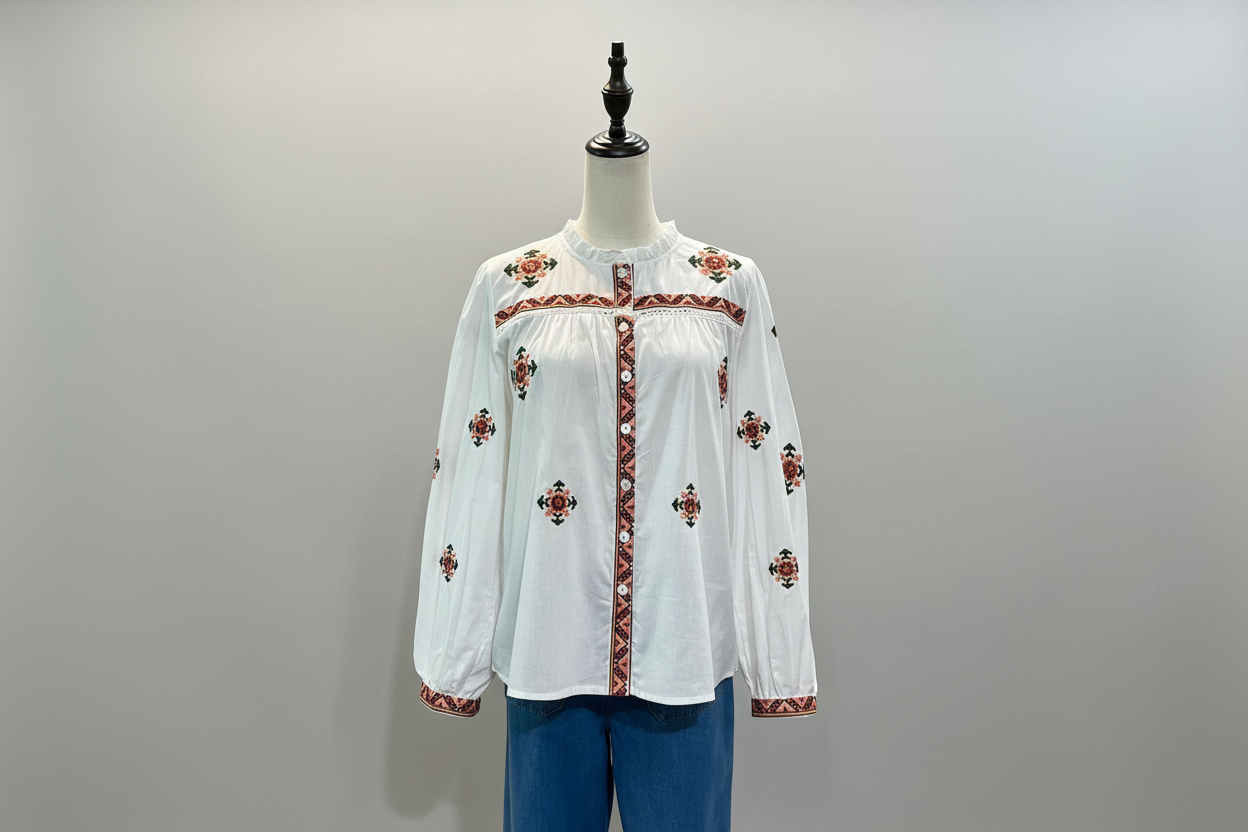 Blouse blanche brodée motifs fleurs et bandes ethniques, style bohème chic pour femme - Abana 64310