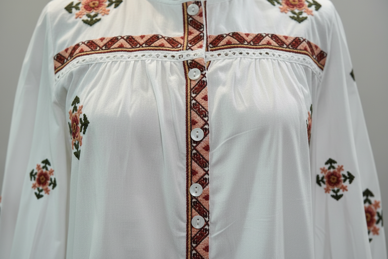 Blouse blanche manches longues avec broderies florales colorées et finitions ethniques - Abana 64250