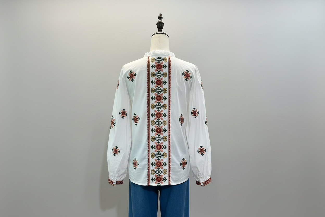 Blouse bohème blanche à motifs brodés fleurs, encolure boutonnée et coupe confortable - Abana 64990