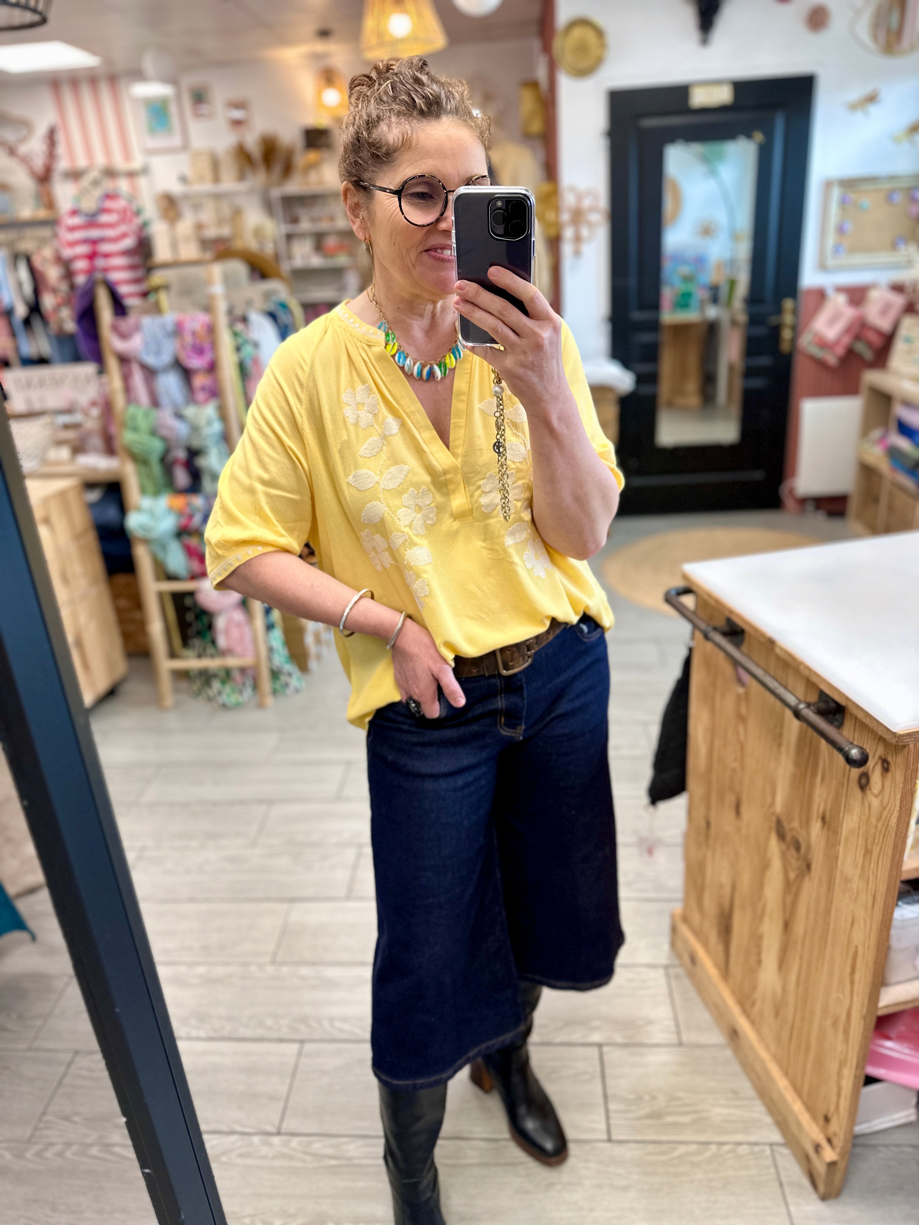 chemise manches courte jaune broderie orfeo paris tarbes