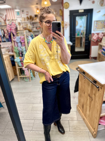 chemise manches courte jaune broderie orfeo paris tarbes