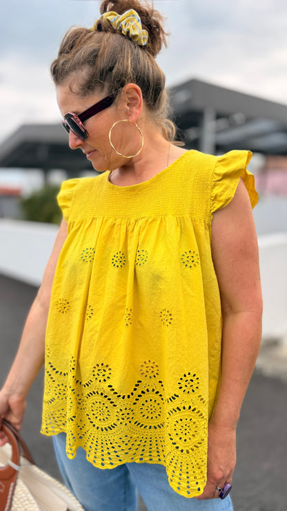 blouse jaune manches a volants fluide ample taille unique mode femme accessible johanna paris orfeo paris narbpnne carcassonne capestang minerve