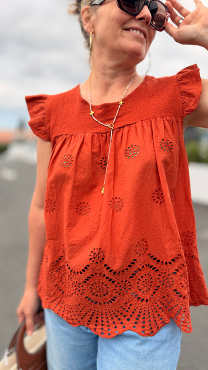 blouse fluide ample manches manches a volants broderies rouille mode femme isla bonita adore paris muret toulouse auterive lavaur montauban