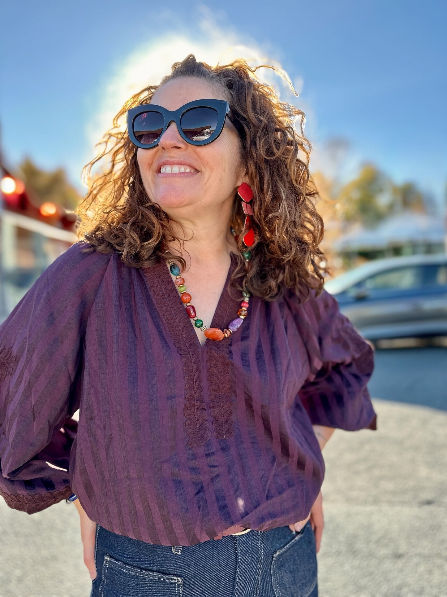 blouse fluide bordeaux femme col V manches longues - abana 64480