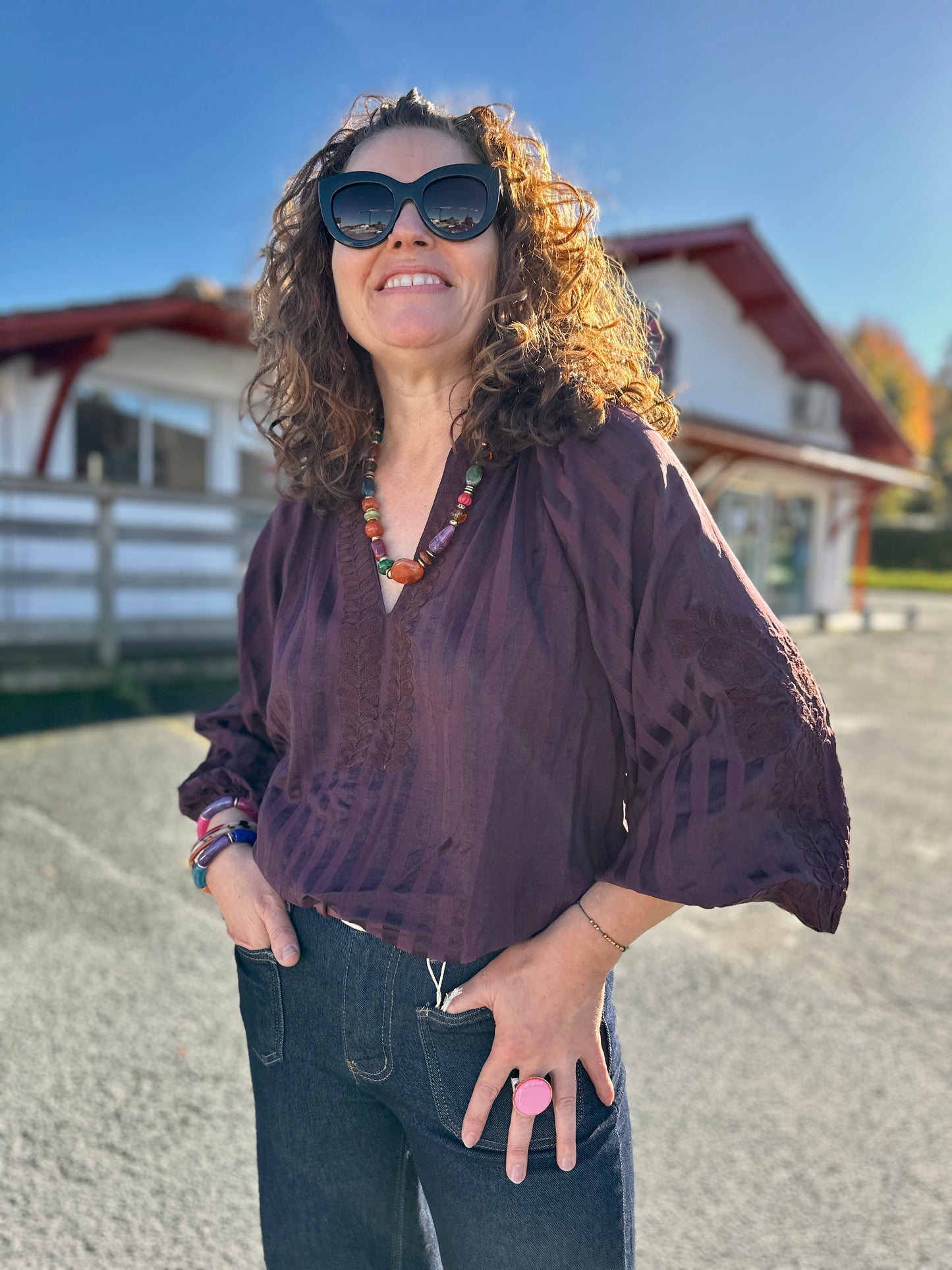 haut femme coloris wine avec rayures ton sur ton - abana 64310