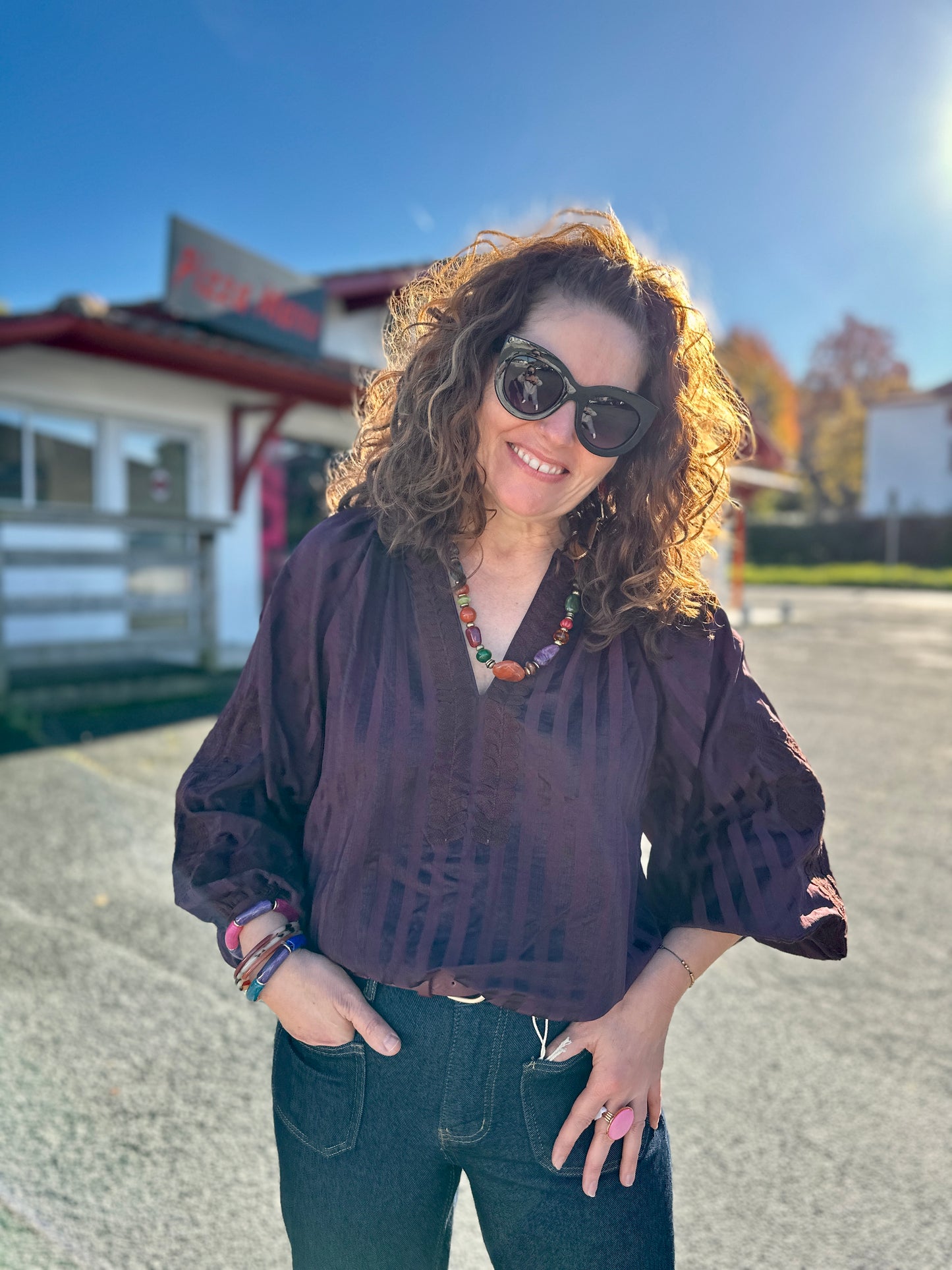 blouse chic automne en tissu léger prune foncé - abana 64250