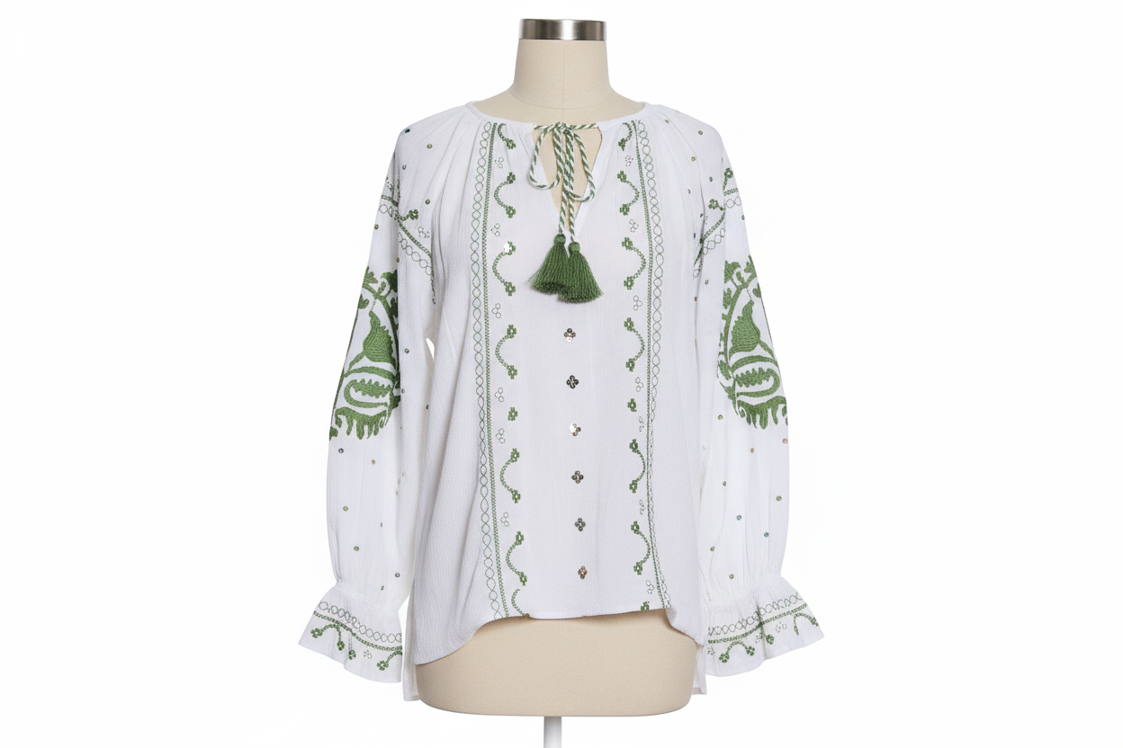 Blouse grande taille blanche à broderies vertes, manches longues et lien à nouer avec pompons pour un style bohème chic - Abana 64480