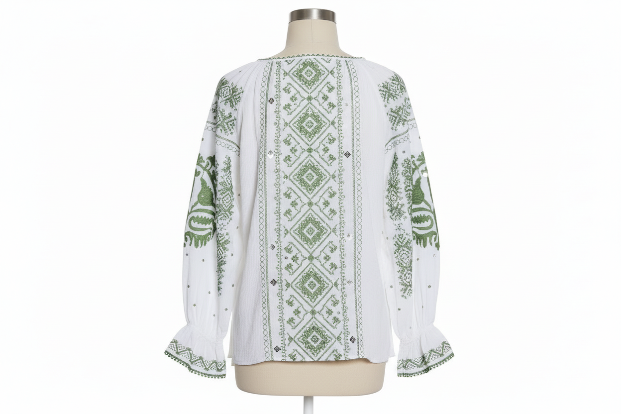 Blouse femme grande taille brodée vert et blanc, coupe fluide et détails raffinés sur le devant et les manches - Abana 64310