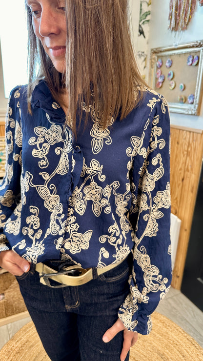 Blouse femme bleue brodée camel doré Eline - Abana 64480