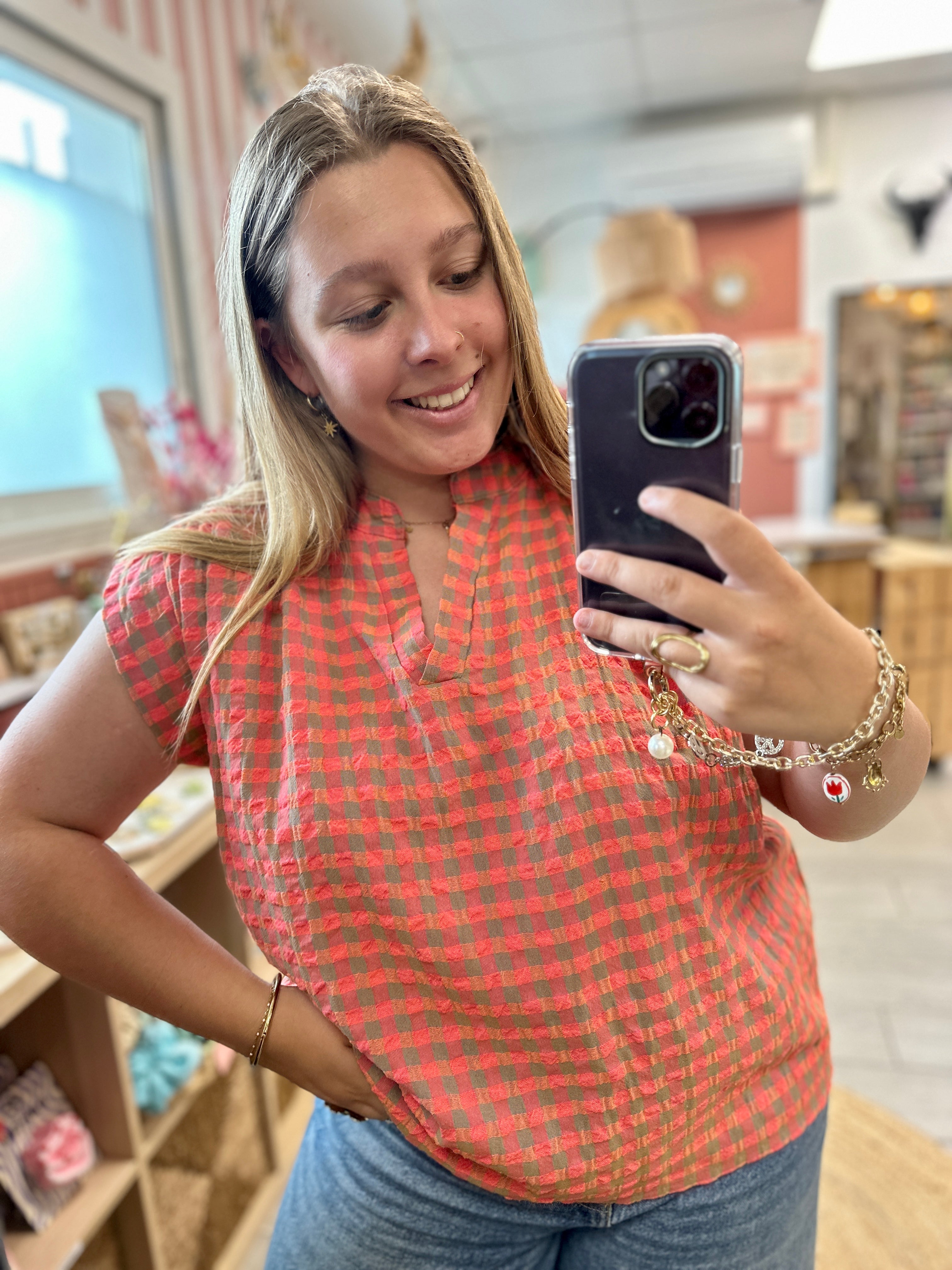 blouse a carreau leger fluide orange et vert chrysty maelle boulogne sur mer saint martin boulogne