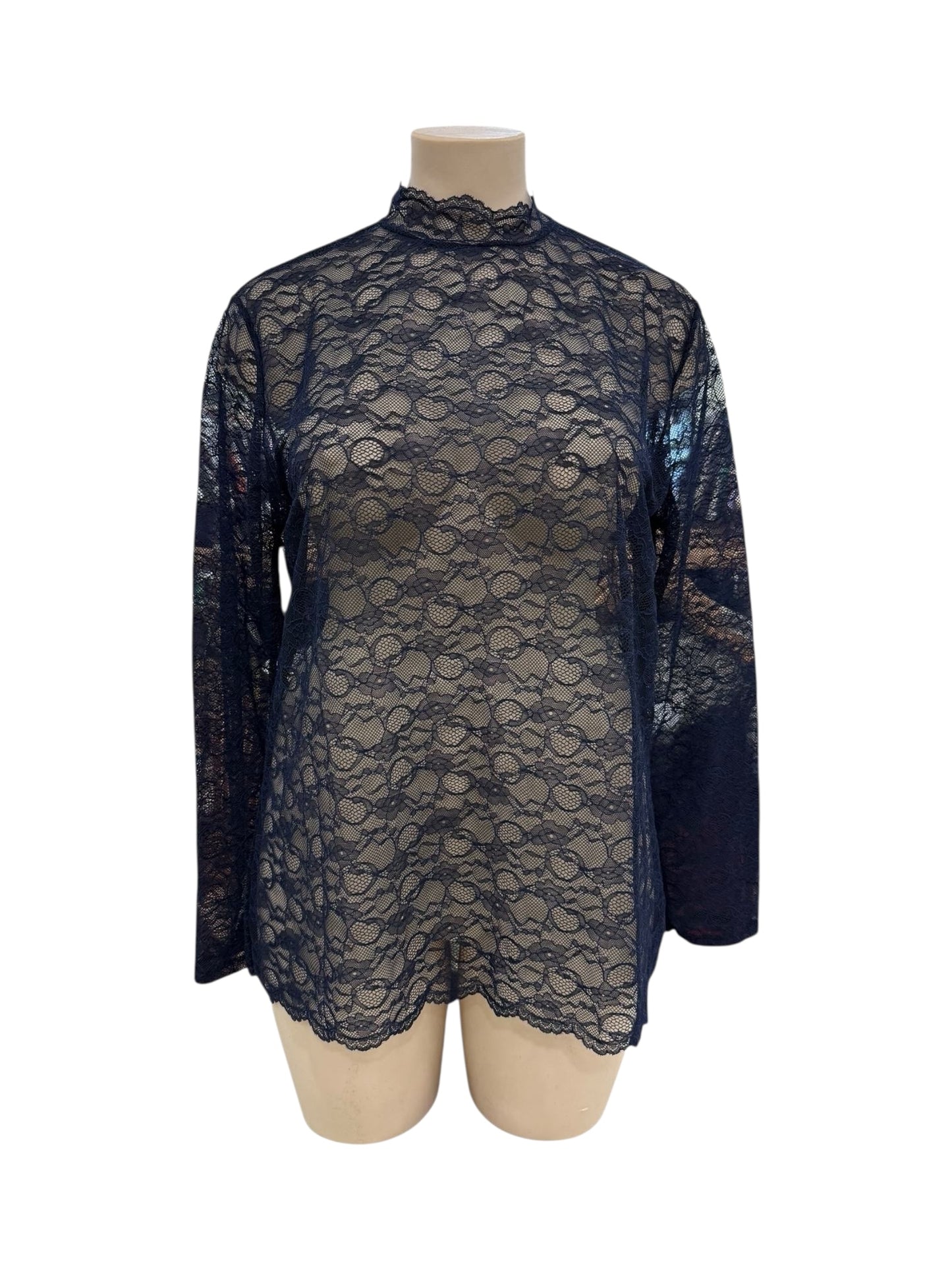 Haut chic bleu en dentelle femme avec poignets volantés - Abana 64310