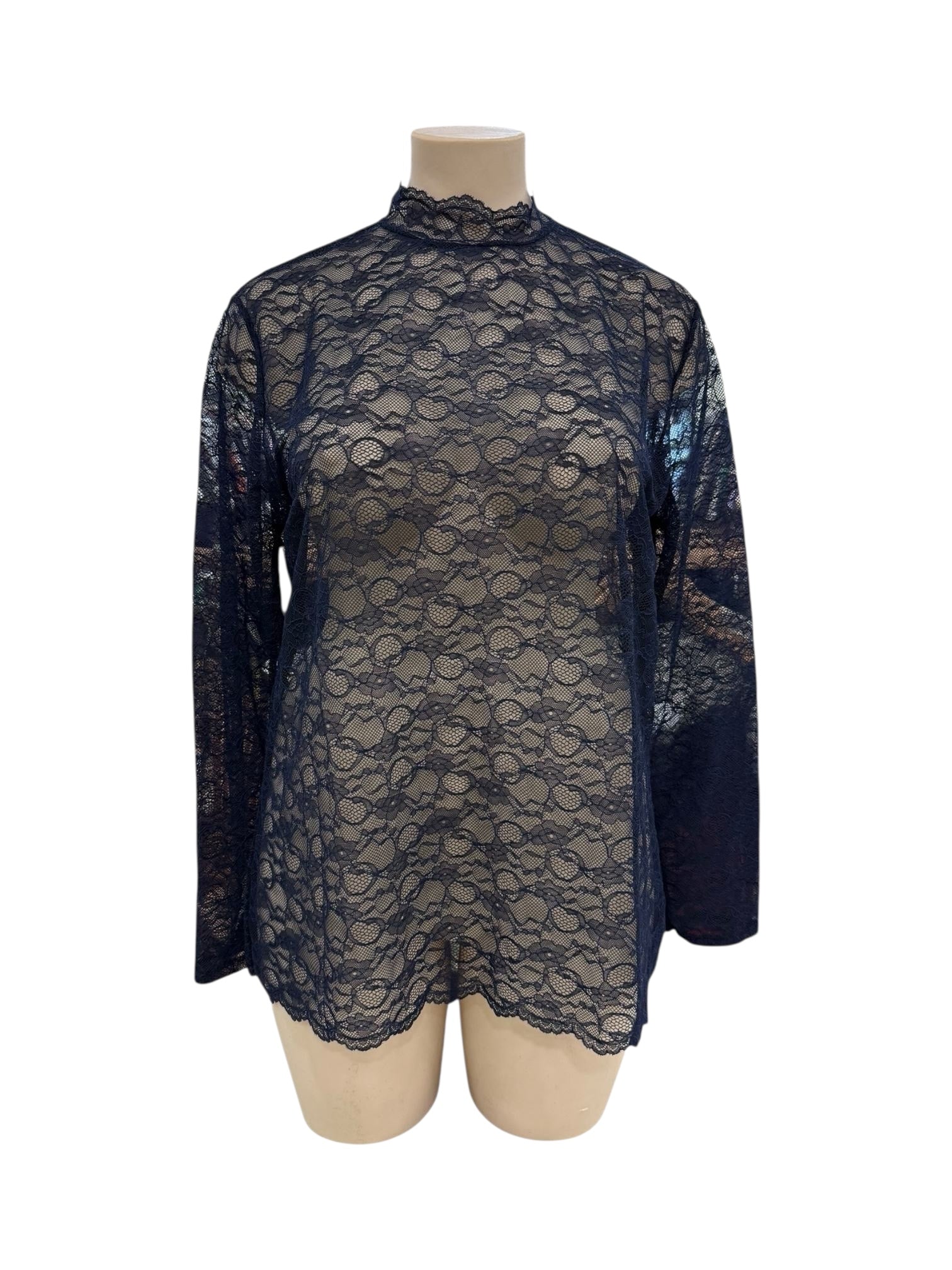 Haut chic bleu en dentelle femme avec poignets volantés - Abana 64310