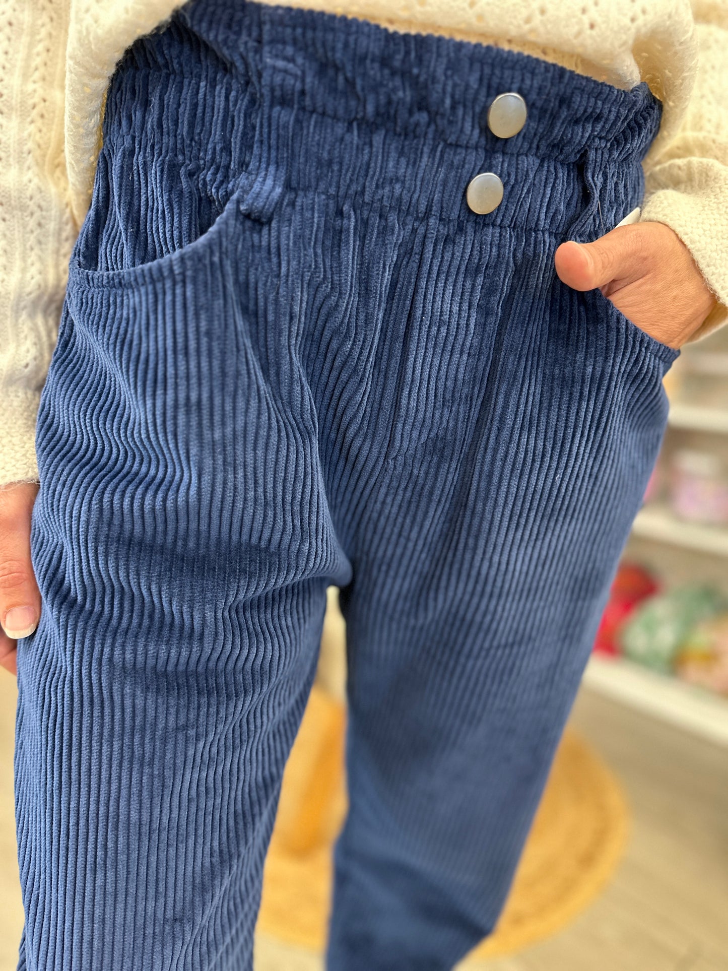 🍂Pantalon Lison – Velours côtelé Mom Marine & Mauve