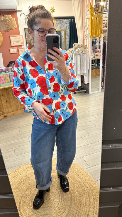 chemise coton fleurs rouges et bleues majolica dijon
