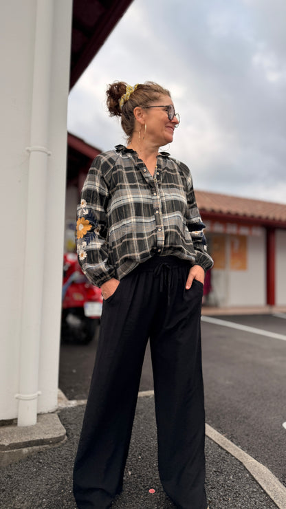 blouse a carreaux a boutons col mao taille unique broderies fleuris mode femme dijon besançon dole beaune