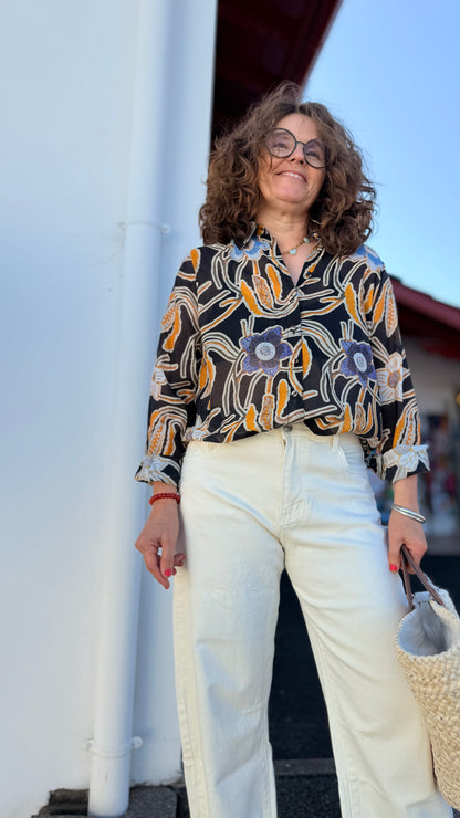 chemise noire fluide orignalr motif fleuris mode femme cmélodie johanna paris clermont ferrand vichy roanne montluçon