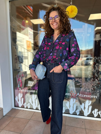 chemisier femme noir imprimé figues roses et violettes - abana 64480