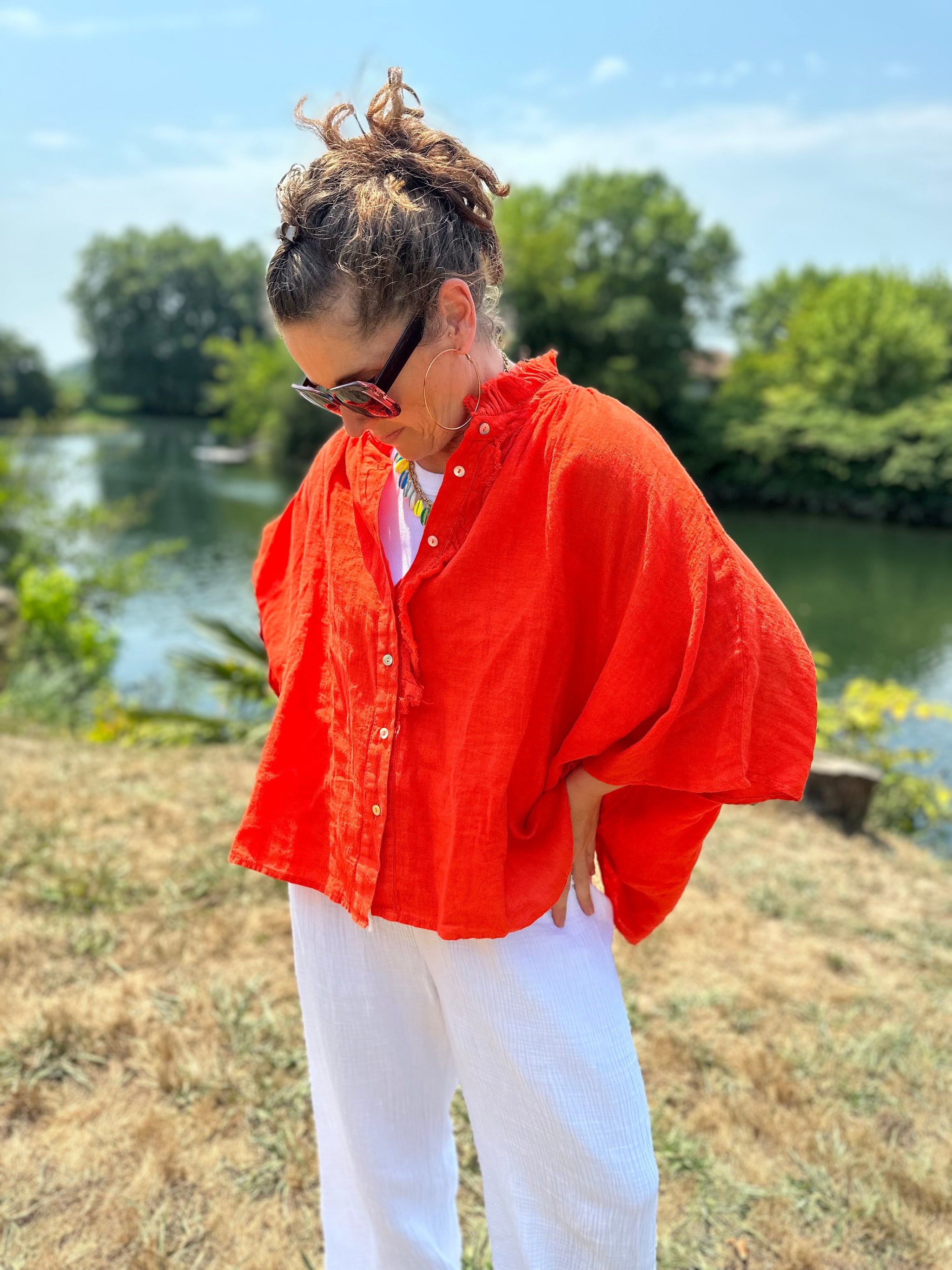 chemise tiburtino orange fluide col v boutons col brut ample manche chauve souris banditas from marseille 
