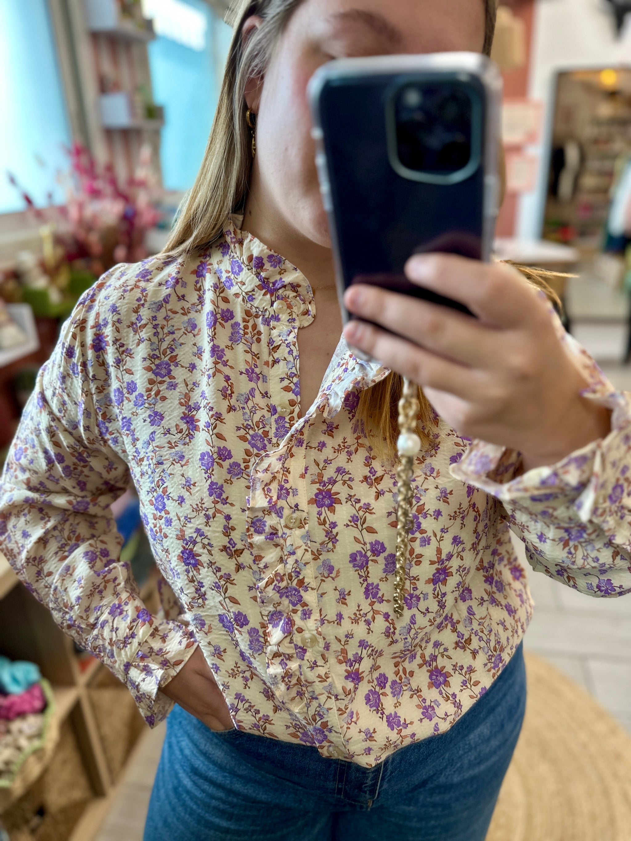 chemise femme fleurs violettes coton tendance emijo Bordeaux