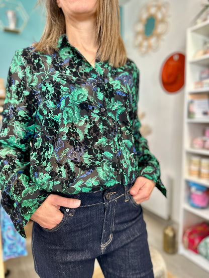 Chemise Lina à fleurs vertes et bleues sur fond noir - Abana 64480