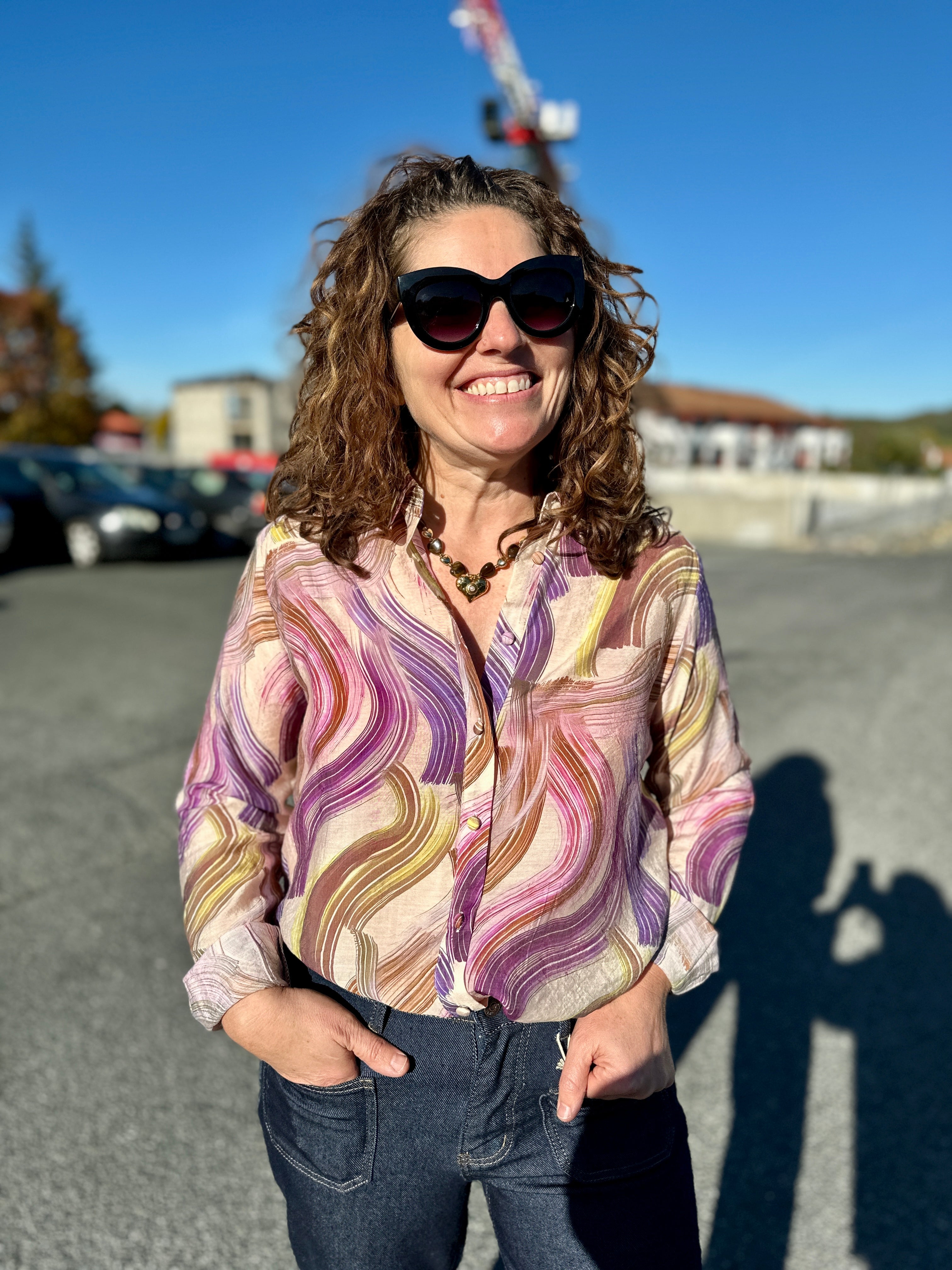 chemisier femme imprimé ondulé violet jaune rose - Abana 64480