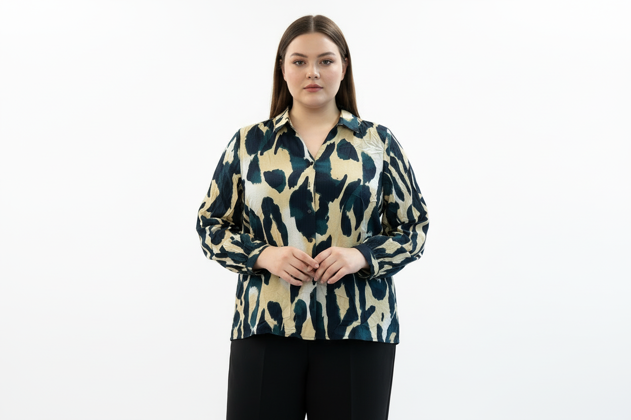 Chemise grande taille imprimée abstrait vert et beige, coupe fluide et manches longues, idéale pour une silhouette élégante et confortable - Abana 64480
