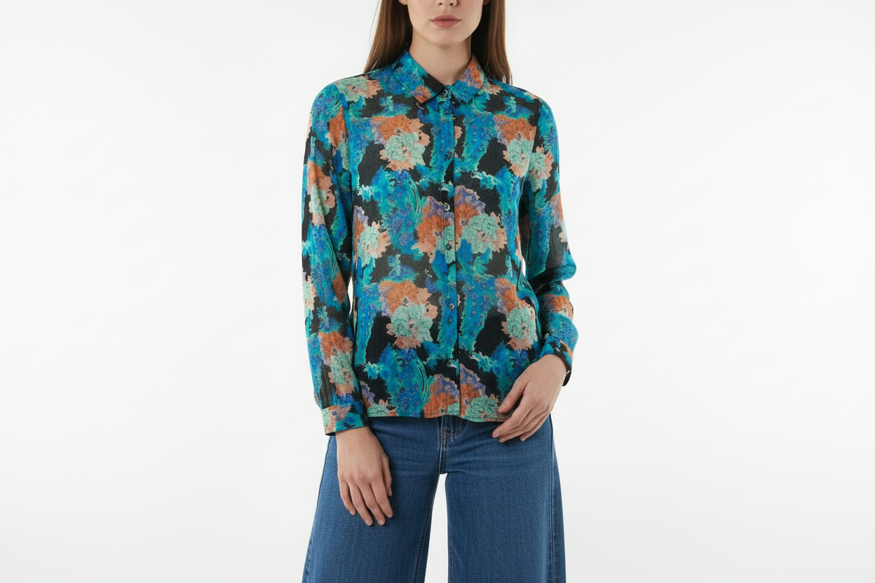 Chemise femme à imprimé floral bleu, vert et terracotta, manches longues et coupe fluide pour un look élégant - Abana 64480