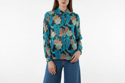 Chemise femme à imprimé floral bleu, vert et terracotta, manches longues et coupe fluide pour un look élégant - Abana 64480