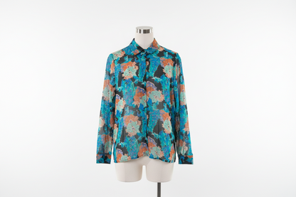 Chemise fluide femme à motifs fleuris multicolores sur fond bleu, col classique et matière légère - Abana 64310