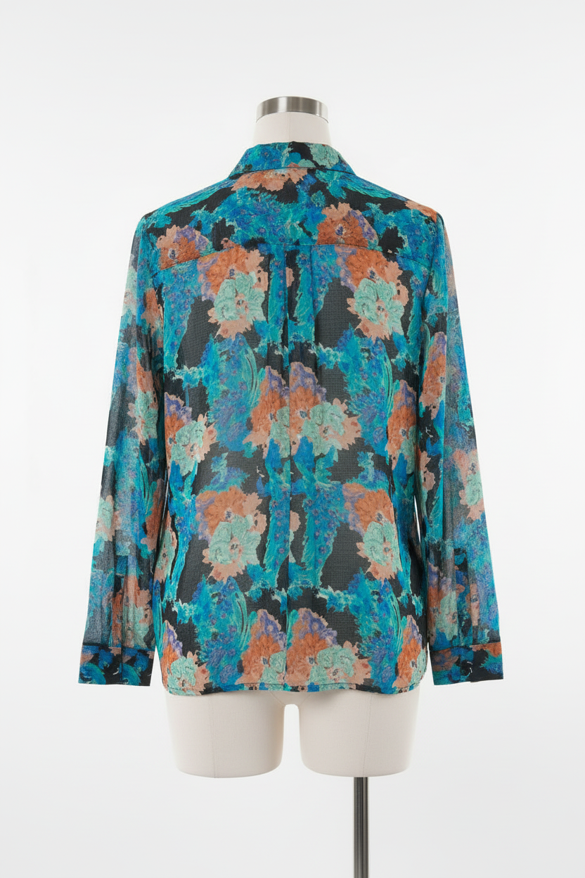 Chemise imprimée femme manches longues, motif floral artistique bleu et vert, facile à porter au quotidien - Abana 64250